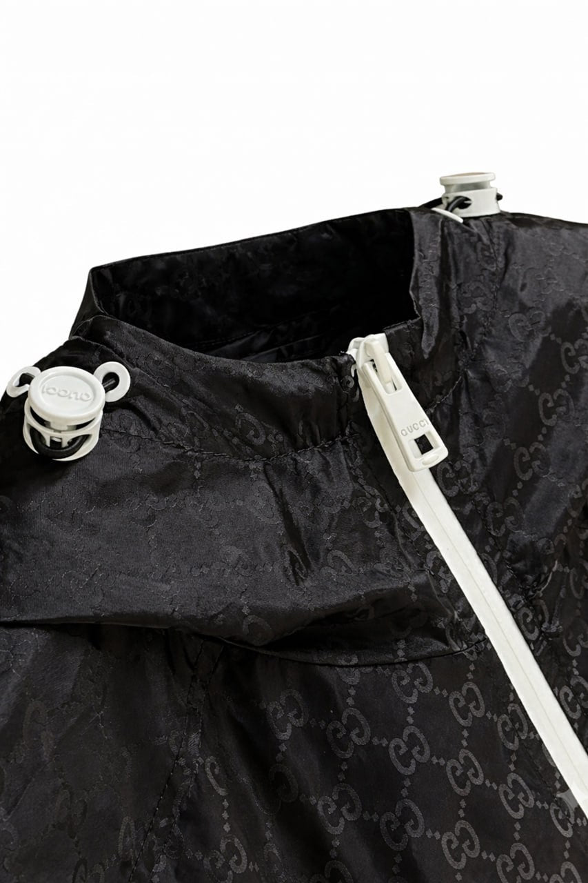 GG Jacquard Hooded Windbreaker Jacket with Contrast Zip – Black