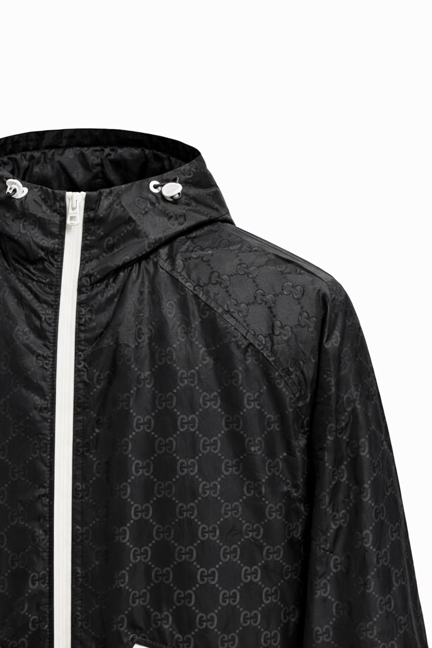 GG Jacquard Hooded Windbreaker Jacket with Contrast Zip – Black