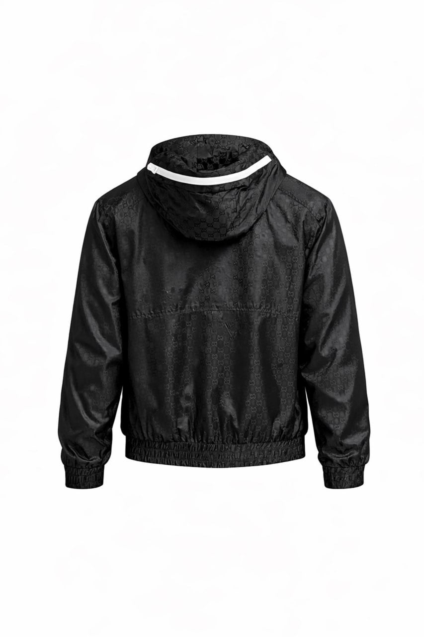 GG Jacquard Hooded Windbreaker Jacket with Contrast Zip – Black