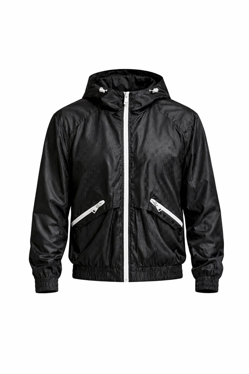GG Jacquard Hooded Windbreaker Jacket with Contrast Zip – Black