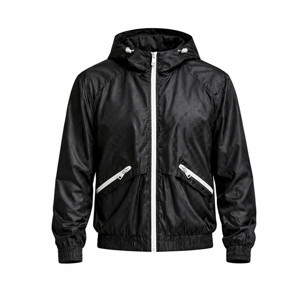 GG Jacquard Hooded Windbreaker Jacket with Contrast Zip – Black