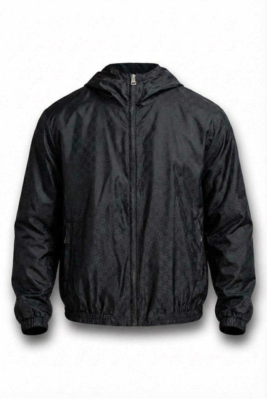 GG Jacquard Hooded Windbreaker Jacket – Black