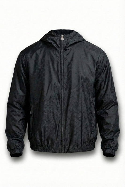 GG Jacquard Hooded Windbreaker Jacket – Black