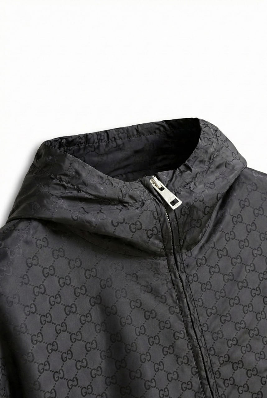 GG Jacquard Hooded Windbreaker Jacket – Black