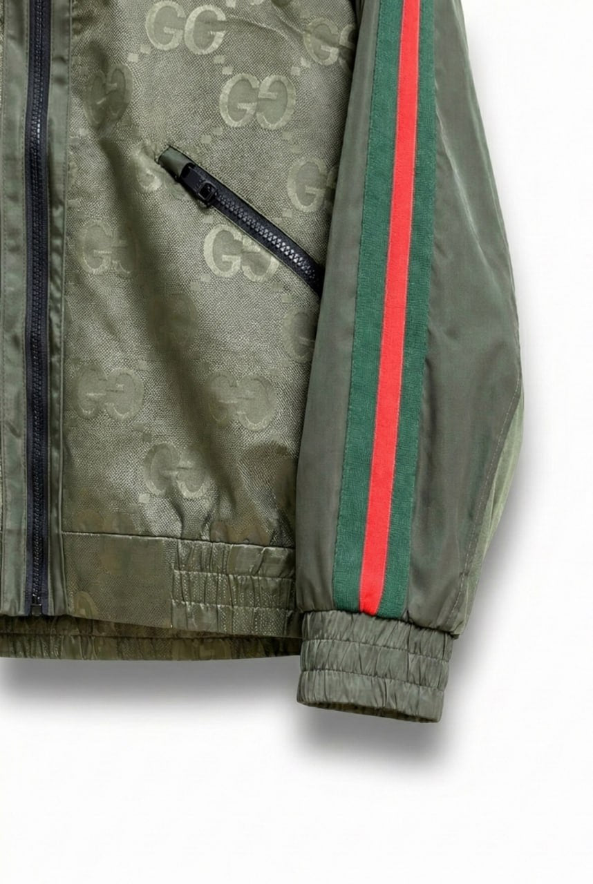 GG Jacquard Hooded Windbreaker Jacket with Web Stripe Sleeves – Olive Green