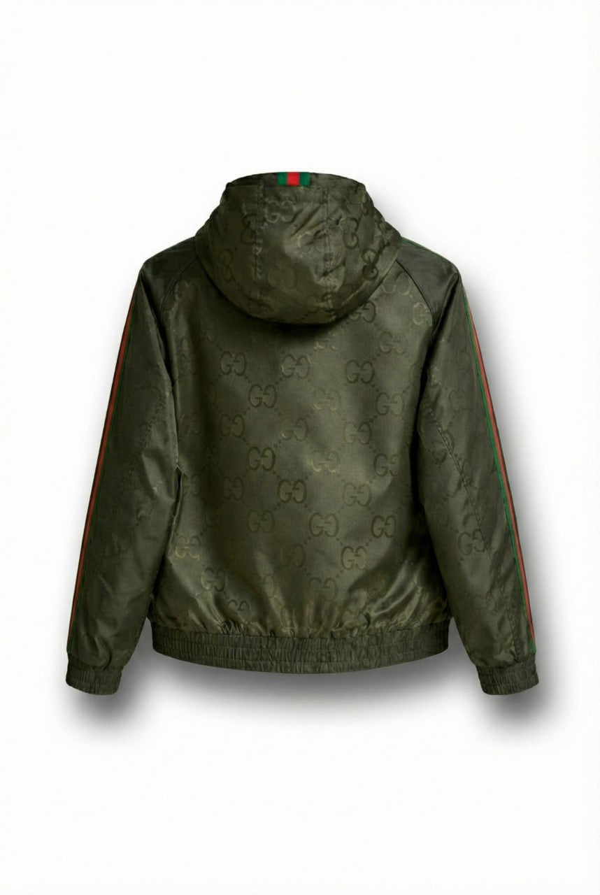 GG Jacquard Hooded Windbreaker Jacket with Web Stripe Sleeves – Olive Green