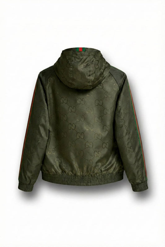 GG Jacquard Hooded Windbreaker Jacket with Web Stripe Sleeves – Olive Green