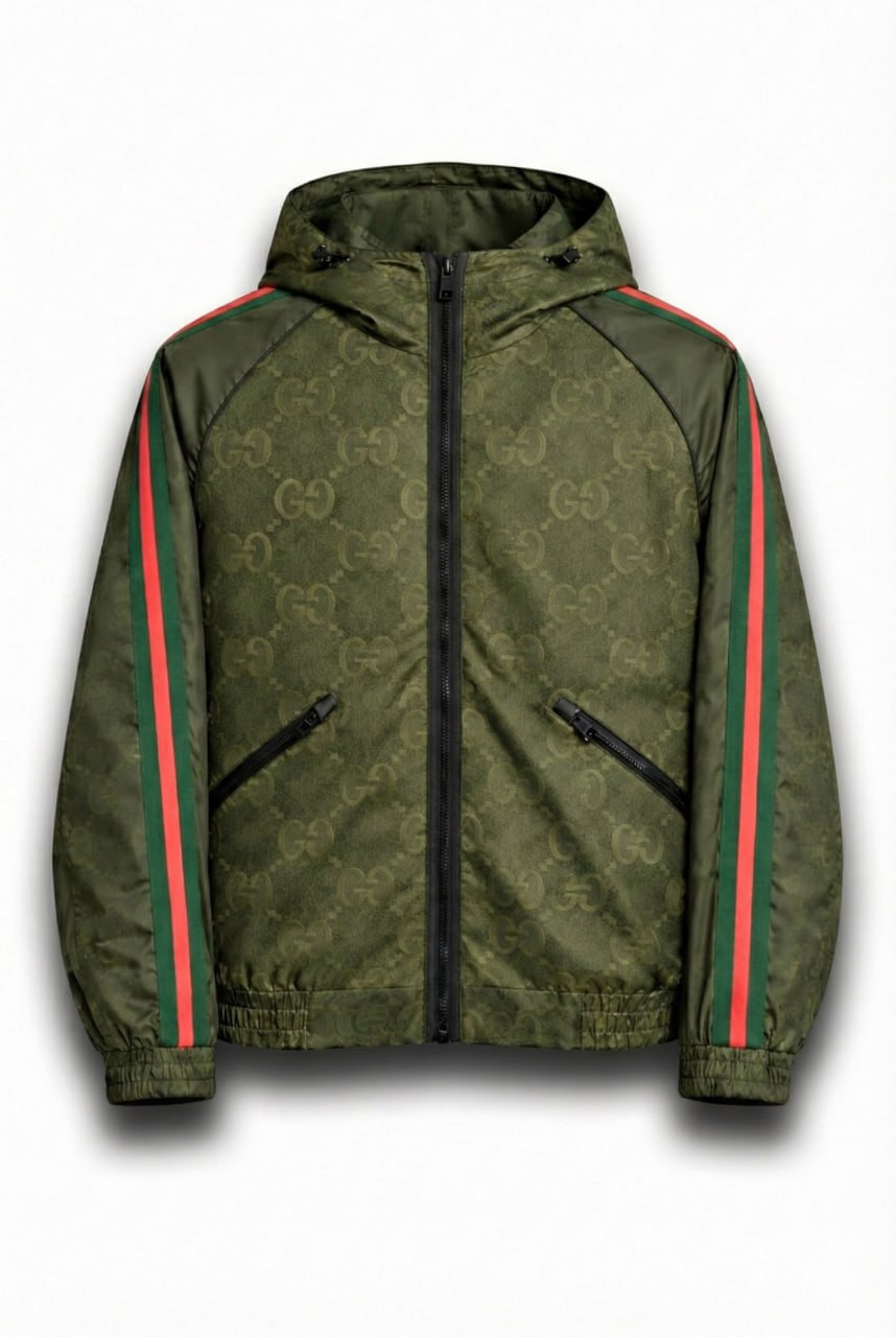 GG Jacquard Hooded Windbreaker Jacket with Web Stripe Sleeves – Olive Green