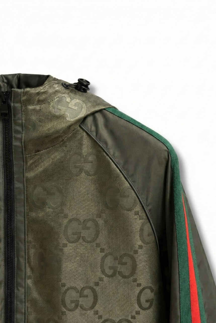 GG Jacquard Hooded Windbreaker Jacket with Web Stripe Sleeves – Olive Green