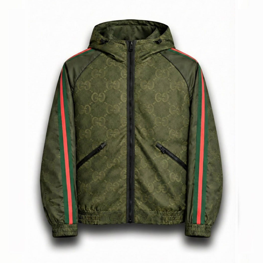GG Jacquard Hooded Windbreaker Jacket with Web Stripe Sleeves – Olive Green