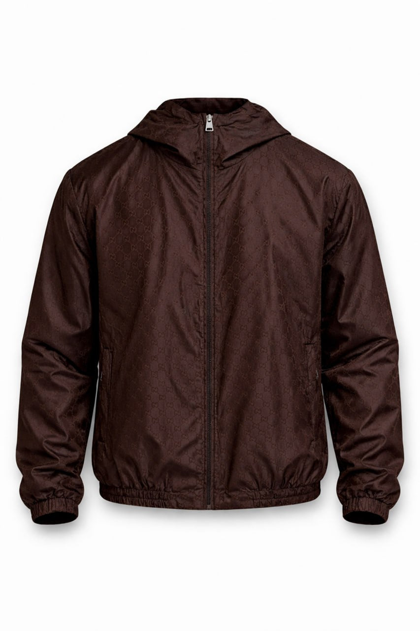 GG Jacquard Hooded Windbreaker Jacket – Brown