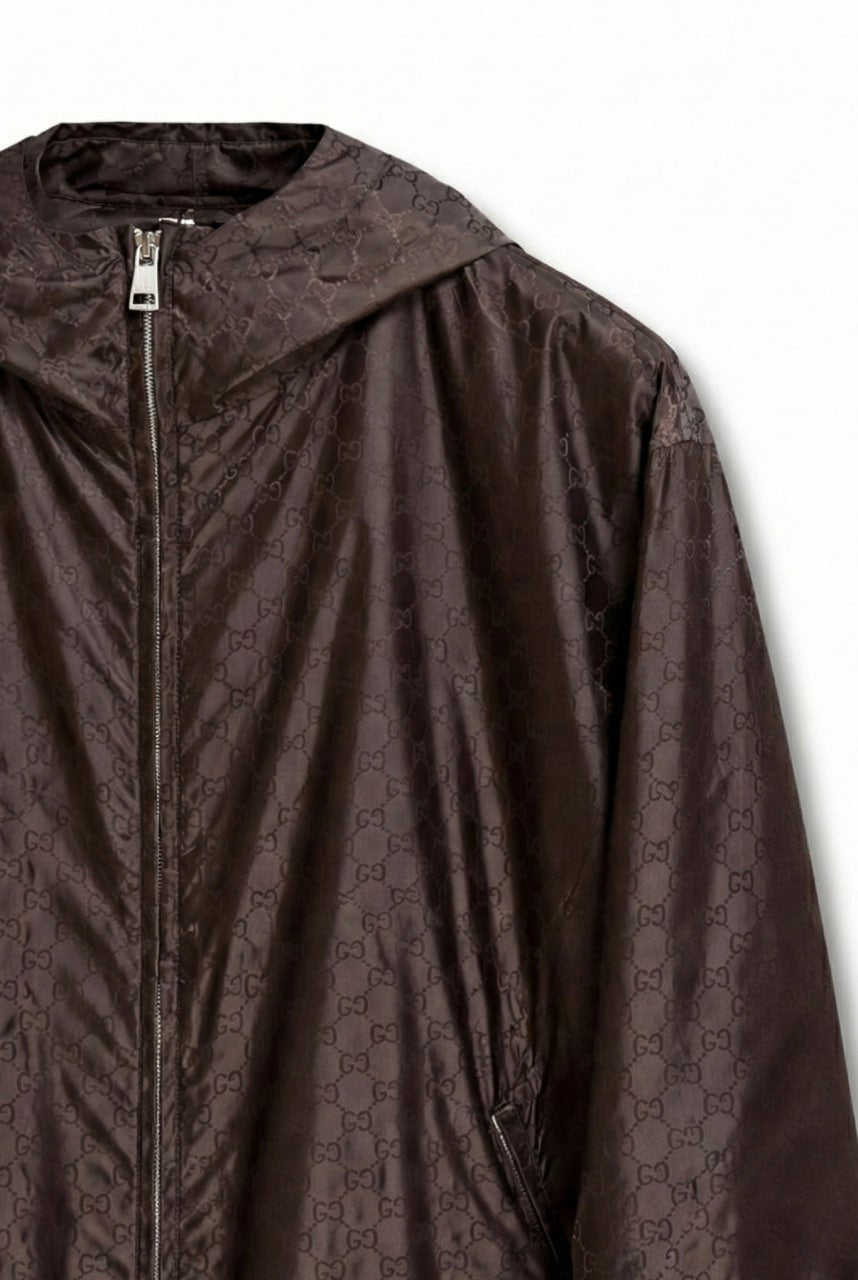 GG Jacquard Hooded Windbreaker Jacket – Brown