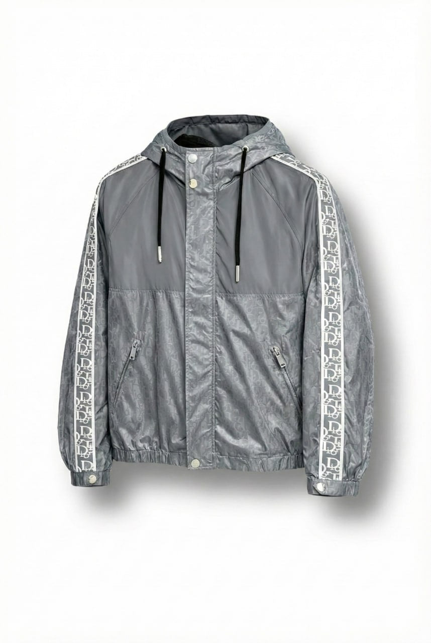 Oblique Grey Hooded Windbreaker with Signature Tape