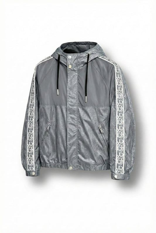 Oblique Grey Hooded Windbreaker with Signature Tape