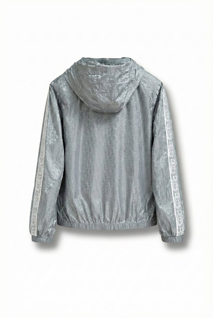 Oblique Grey Hooded Windbreaker with Signature Tape