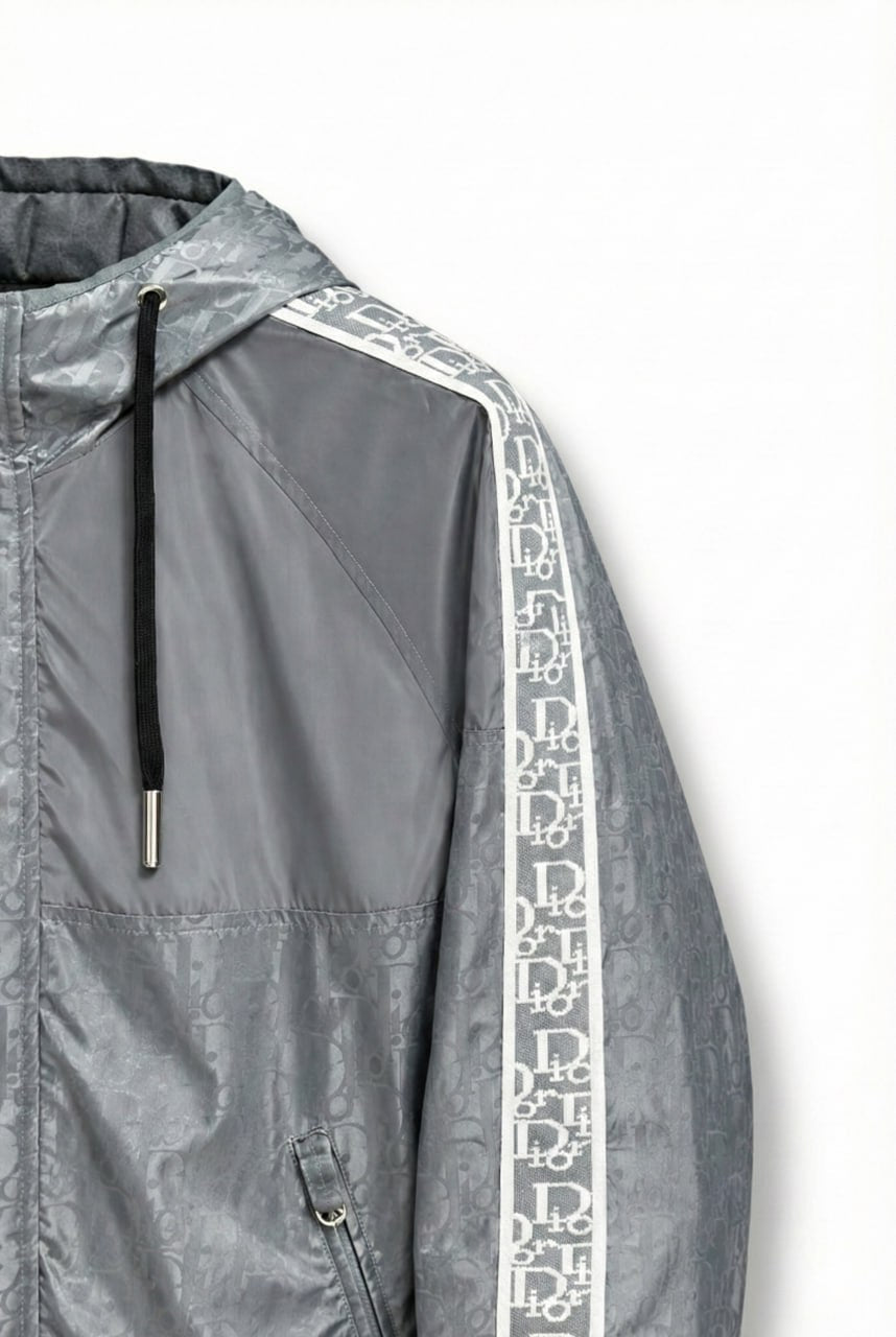 Oblique Grey Hooded Windbreaker with Signature Tape