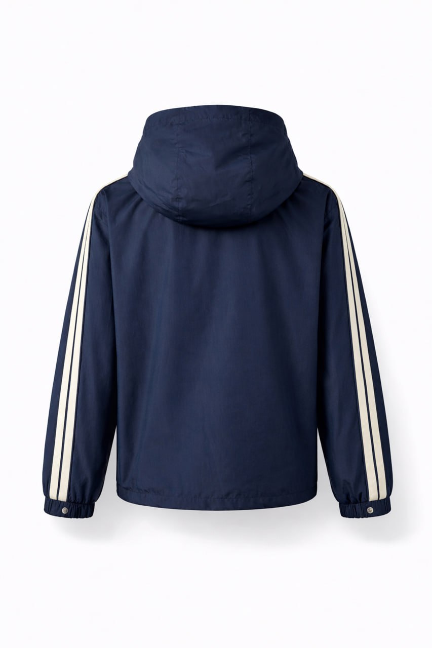 Hooded Nylon Jacket with Signature Stripe – Navy