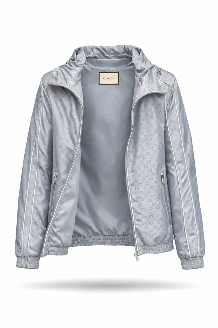 GG Jacquard Hooded Nylon Jacket – Light Grey