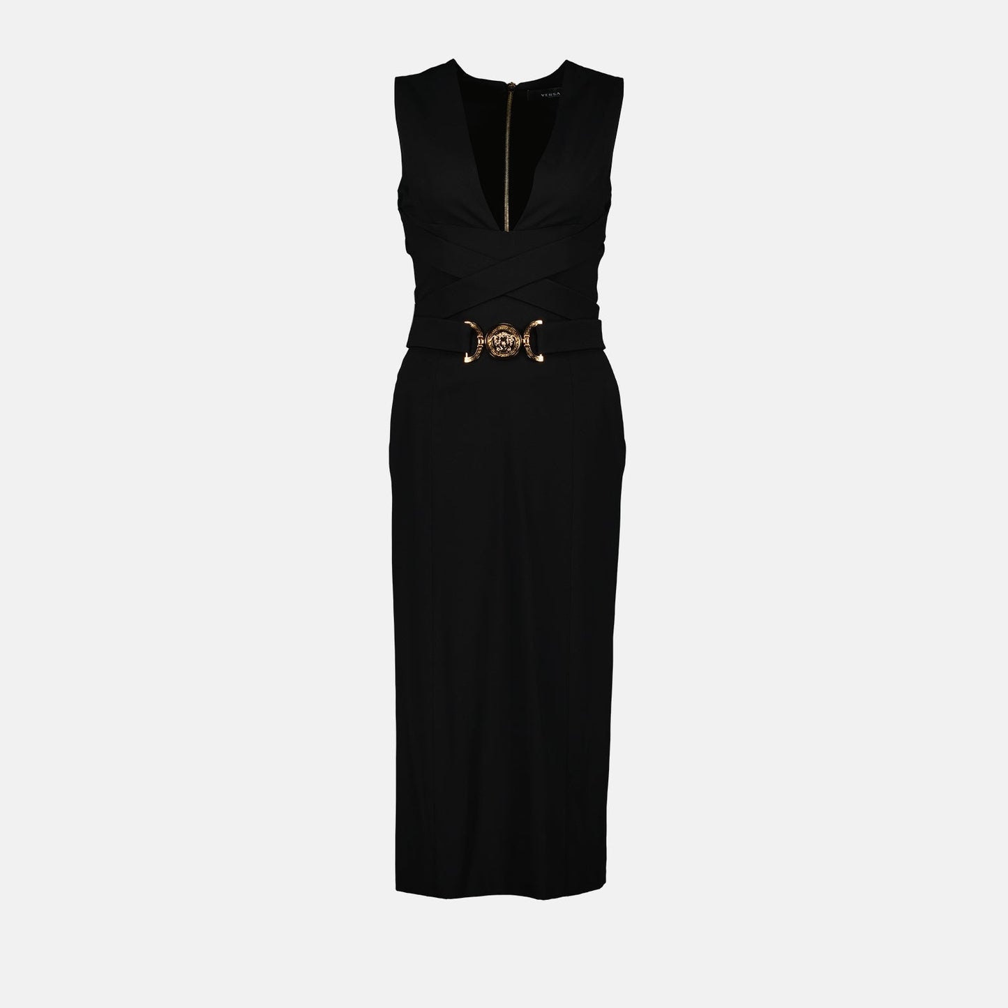Belted V-Neck Midi Dress with Medallion Detail