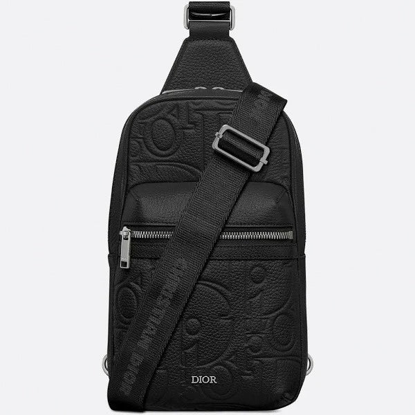 Oblique Embossed Leather Sling Bag (Black)