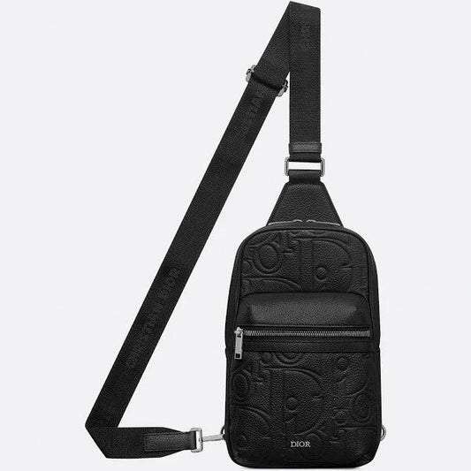Oblique Embossed Leather Sling Bag (Black)