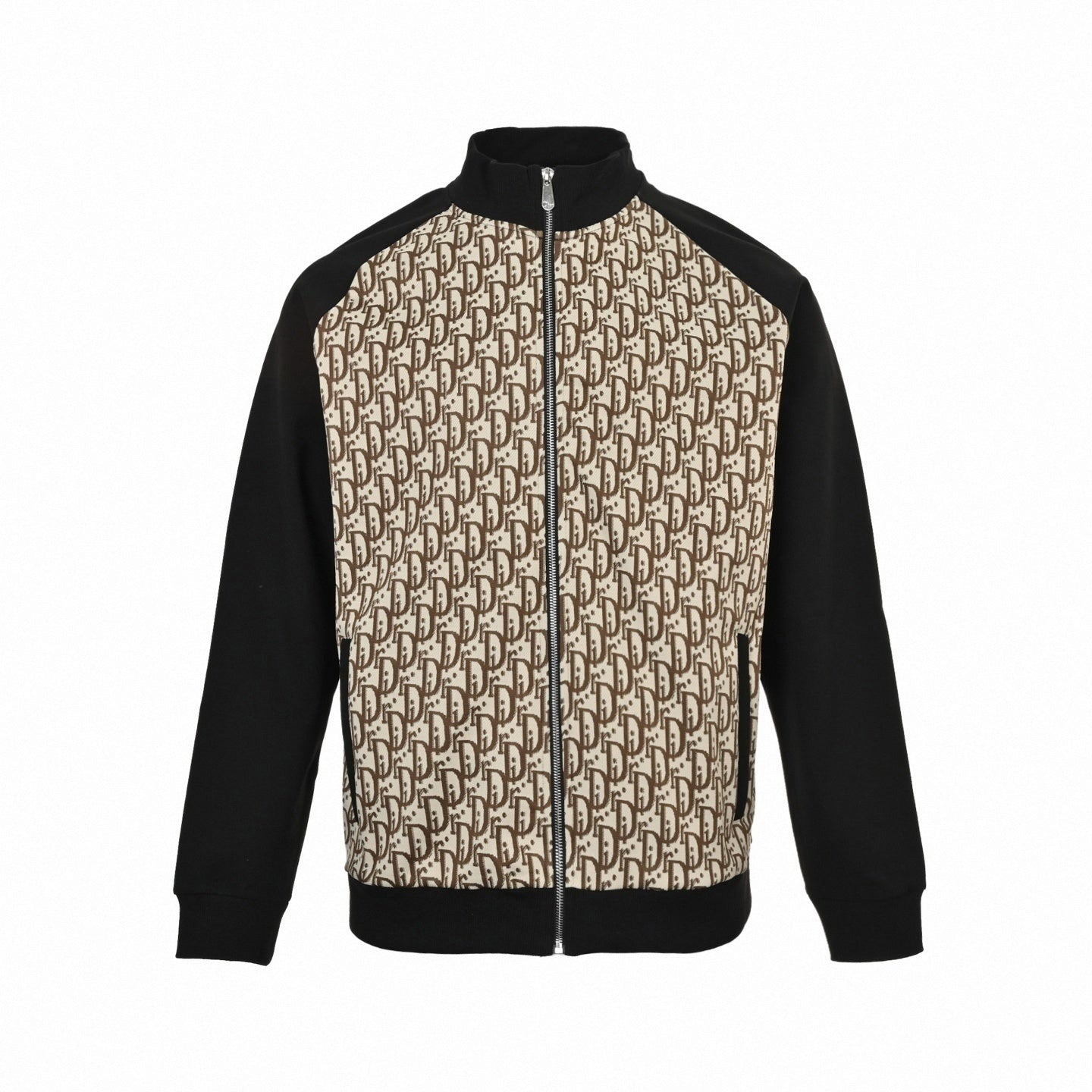 Oblique Zip-Up Tracksuit Set in Black & Beige